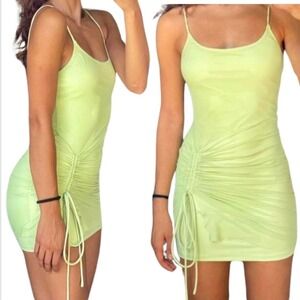 The Kript Lime Green Ruched Mini Dress Womens XS Bodycon Spaghetti Strap Neon